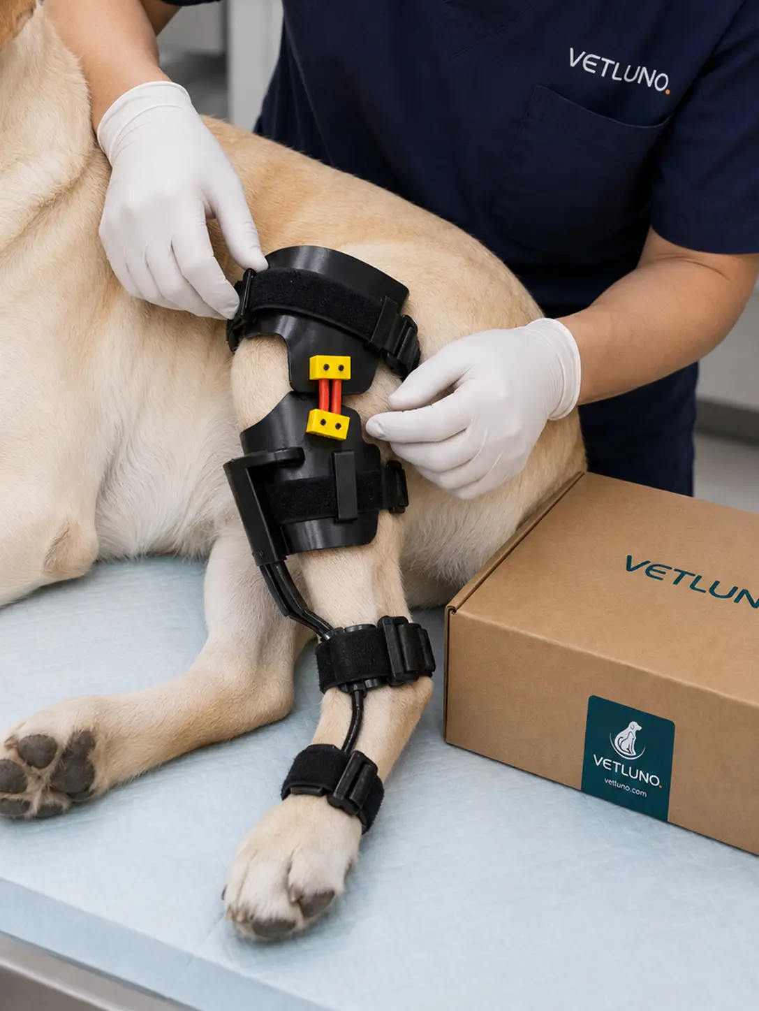 Golden retriever wearing a custom hindlimb orthotic brace