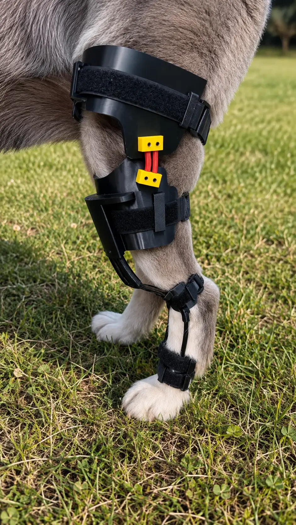 Close-up of custom canine hindlimb orthotic brace