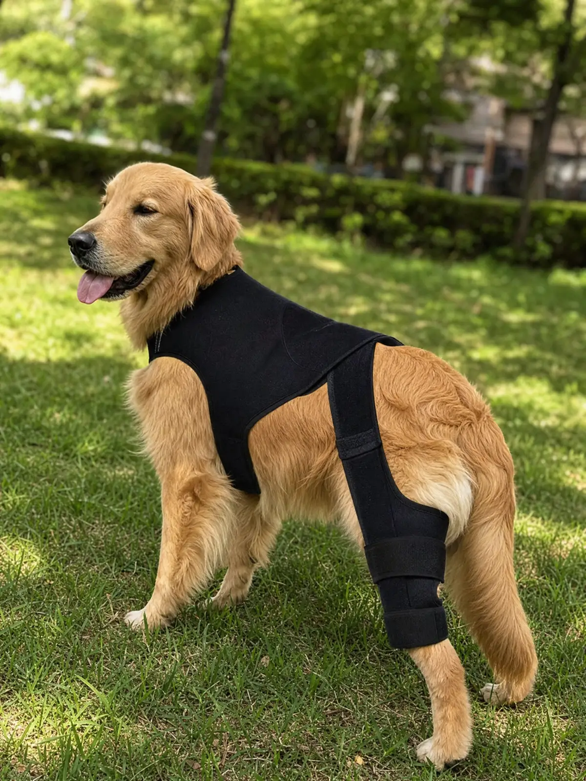 Golden retriever wearing a hindlimb support harness